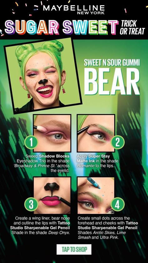 Bear Halloween Makeup, Gummy Bear Costume, Easter Nail Art Designs, Paint Makeup, Anime Eye Makeup, Maybelline Tattoo, Drugstore Products, Hd Makeup, Bear Halloween