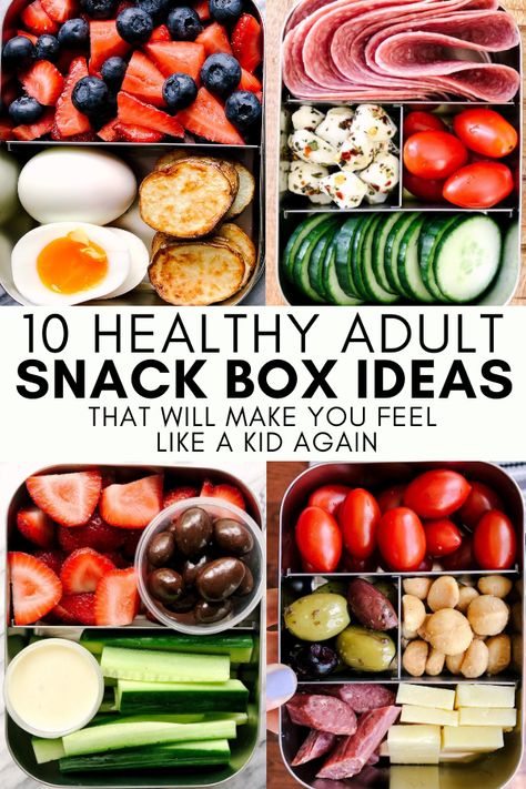 Healthy Snack Box Ideas, Snack Box Ideas, Healthy Lunch Box Ideas, Healthy Portable Snacks, Adult Snacks, Snack Boxes Healthy, Healthy Lunches For Work, Lunch Box Ideas, Snack Boxes