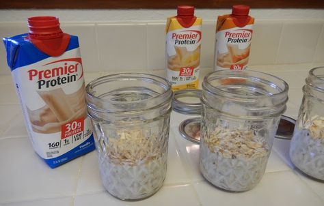 Overnight Oats With Premier Protein, Breakfast Recipes Overnight, Recipes Overnight Oats, Protein Drink Recipes, Premier Protein Shakes, Protein Overnight Oats, Bircher Muesli, Bariatric Friendly Recipes, Protein Oatmeal