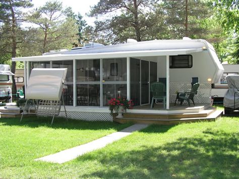 Patio Enclosure With Aluminum Roof | The Leisure Store Porch For Camper, Mobile Home Porches, Deck Enclosures, Add A Room, Porch Ideas For Mobile Homes, Building A Porch, Patio Enclosures, Rv Homes, Trailer Living