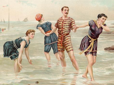 A look at the changing fashions of bathing attire from the late 19th century to today 1920s Swimwear, Victorian Seaside, Clyde Barrow, Bathing Costumes, Three Women, Vintage Swimwear, Vintage Swimsuits, Character Reference, Vintage Beach