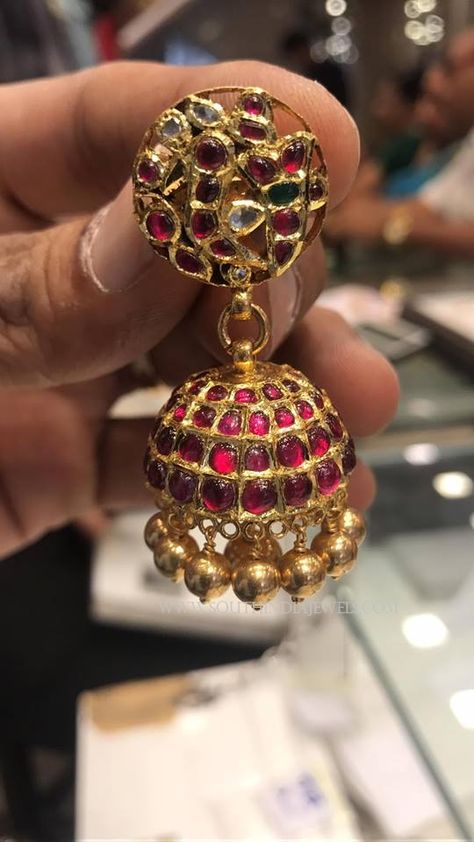 Gold Antique Ruby Jhumka, Gold Antique Jhumkas with Rubies, Gold Jhumkas with Red Stones. Ruby Gold Jumkas, Antique Jhumkas, Gold Jumkas, Gold Jhumkas, Blue Blouse Designs, Gold Jhumka, Gold Jhumka Earrings, Ruby Jewel, Heritage Jewellery