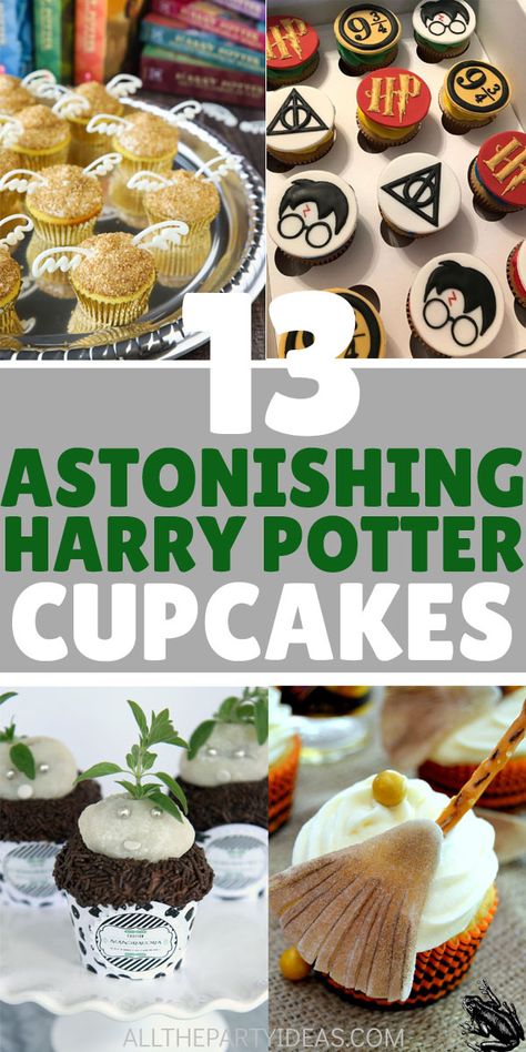 Best HARRY POTTER CUPCAKES for kids, teens, adults, both boys and girls. How to make simple DIY Harry Potter sweets, desserts for birthday party, baby or bridal shower, wedding, or Halloween nerd friends. Sorting hat, Gryffindor, Slytherin, Ravenclaw, Hufflepuff Hogwarts house colors, Hedwig owl, mandrake, golden snitch, unicorn, broom, wand, glasses, spell books, other ideas. Pull apart or baking tower display. Free printable toppers, liners, wrappers. See food recipes with pumpkin pasties, etc Harry Potter Cupcake Ideas, Harry Potter Pull Apart Cupcakes, Desserts For Birthday Party, Harry Potter Cupcakes Ideas, Harry Potter Sweets, Harry Potter Motto Party, Harry Potter Cupcake Toppers, Harry Potter Desserts, Cupcakes For Kids