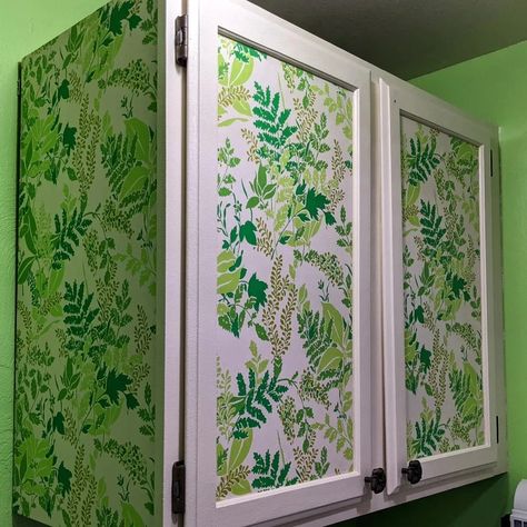 1970s, cabinet redo, green Floral Kitchen Cabinets, Wallpaper Cabinet Doors, Kitchen Cabinet Decals, Wallpaper For Kitchen Cabinets, Inset Cabinet Doors, Wallpaper Cabinets, Kitchen Cabinets Doors, Diy Cabinet Doors, Cabinet Diy