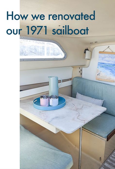 How we renovated our 1971 sailboat (before/after) Sailboat Cabin Makeover, Diy Boat Interior Ideas, Diy Boat Interior, Boat Bathroom Remodel, Boat Restoration Diy Interior, Sailboat Interior Remodel, Boat Restoration Diy, Cabin Cruiser Boat Interiors, Boat Interior Remodel