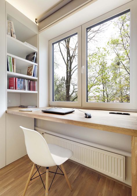 Desk Overlooking Window, Window Desk Ideas Bedroom, Desk By Window Ideas, Desk By The Window Bedrooms, Desk Under Window Ideas, Study Table Facing Window, Desk In Bedroom Window, Long Window Desk, Desk In Window Alcove