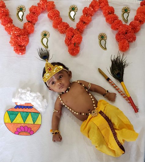 Krishna Decoration For Baby Boy, Dahi Handi Baby Photoshoot, Krishna Astami Baby Photos, Baby Boy Krishna Photoshoot, Krishna Jeyanthi Baby Shoot, Krishna Ashtami Baby Photoshoot, Gokulashtami Baby Photoshoot, Krishna Astami Photos Decoration, Janmashtami Photoshoot For Baby Boy