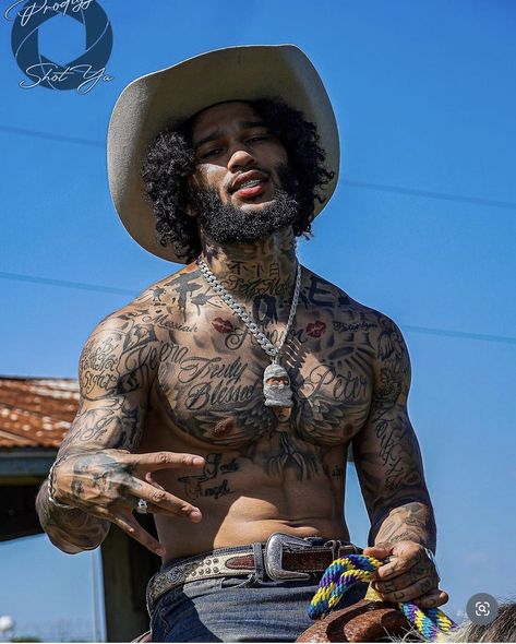 Country Black Men, Afro Cowboy, Mens Haircut With Beard, Tattoos For Guys Chest, Fine Black Males, Black Male Tattoos, Black Men Braids, Haircut With Beard, Cowboy Fits