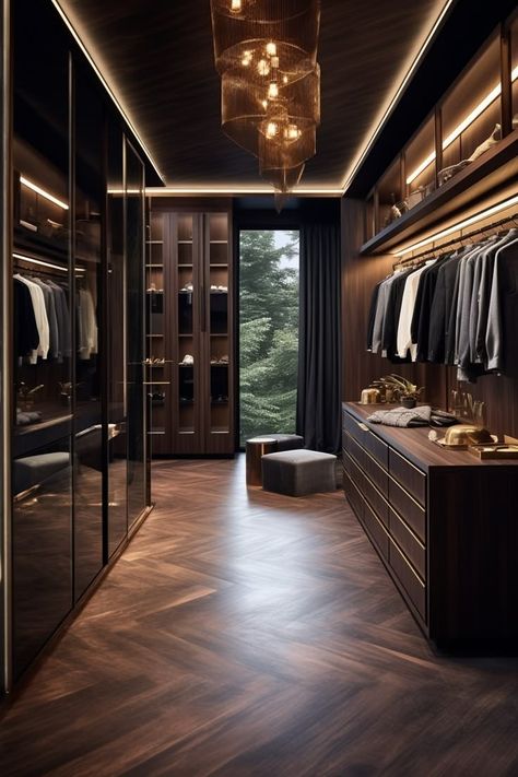 Dark Luxury Walk In Closet, Black And Gold Walk In Closet, Walk In Closet Ideas Dark, Large Walk In Wardrobe, Walk In Wardrobe Ideas Luxury, Black And Wood Closet, Walk In Wardrobe Design Bedroom, Dressing Room In Bedroom, Moody Walk In Closet