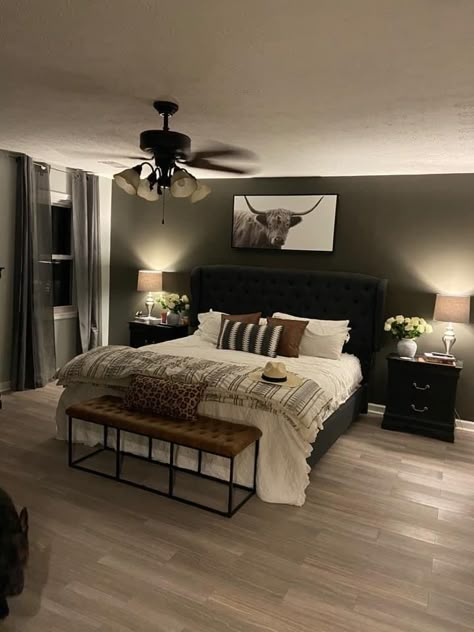 Cozy Bedroom Ideas Black Furniture, Dark Bedroom Farmhouse, Bed Room Ideas For Couples Master Bedrooms Color Schemes, Black Country Bedroom Ideas, Manly Rustic Bedroom, Country Bedroom Ideas For Couples, Black And Tan Farmhouse Bedroom, Modern Ranch Bedroom Ideas, Room Themes For Couples