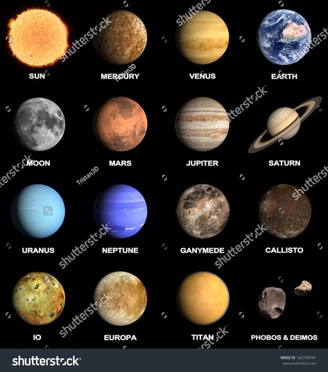 A rendered Image of the Planets and some Moons of our Solar System with captions. 3d Solar System, Uranus Planet, Planet Pictures, Tata Surya, 8 Planets, 9 Planets, Solar System Art, Solar System Projects, Planet Colors