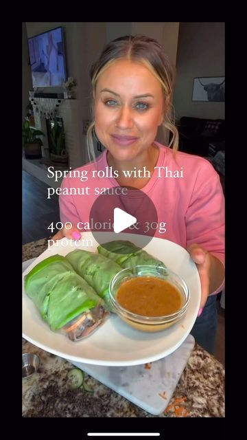 Janelle Rohner on Instagram: "Comment “recipe” and I’ll message you these Easy spring rolls with thai peanut sauce for about 400 calories and 30g protien. Eating healthy doenst have to be boring. #easyrecipe #mealprep #mealprepideas #dinner #lunch #healthyrecipes" High Protein Spring Rolls, Peanut Sauce For Spring Rolls, Janelle Rohner, Easy Spring Rolls, Thai Spring Rolls, Thai Peanut Sauce, Thai Peanut, Summer Rolls, Peanut Sauce