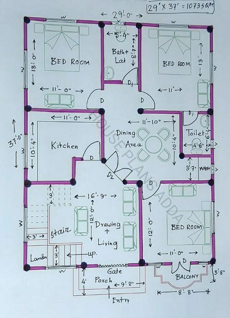 North facing house 3bhk ghar ka naksha Drawing House Plans, North Facing House, 30x40 House Plans, Building Design Plan, Three Bedroom House Plan, Bungalow Floor Plans, Apartment Floor, Bungalow Style House Plans, Little House Plans