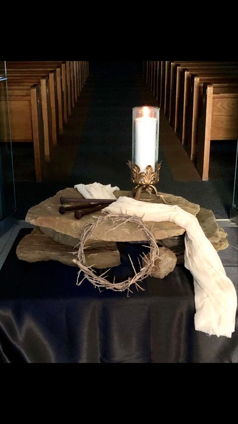 This is my design for Black Friday. I borrowed the rocks from my landscaping at my house. I purchased the cheese cloth, spikes and crown on Amazon Easter Altar Decorations, Easter Church Flowers, Lent Decorations For Church, Sanctuary Decor, Church Foyer, Alter Decor, Communion Table, Church Christmas Decorations, Church Altar Decorations