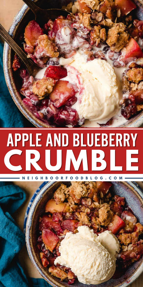 This Apple and Blueberry Crumble is a fruity Spring dessert that combines sweet-tart apples and blueberries with a buttery, crunchy crumble topping. Add this crumble recipe to your delicious summer desserts! Apple Crumble Topping, Best Apple Recipes, Fruit Desserts Easy, Apple Dishes, Spring Dessert, Warm Desserts, Easy To Cook Meals, Blueberry Crumble, Blueberry Desserts