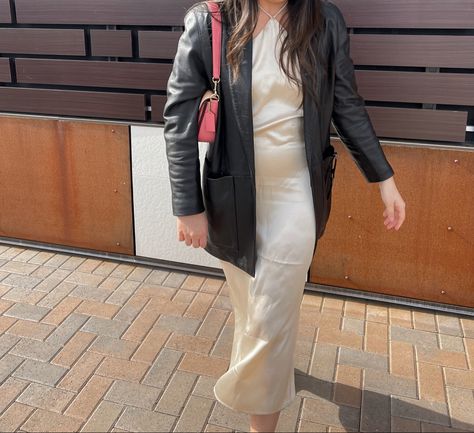 Satin dress outfit, leather blazer outfit Dress With Leather Blazer, White Silk Dress Outfit, Silk Dress Outfit, Leather Blazer Outfit, Satin Dress Outfit, Silk Dresses Outfit, Outfit Leather Jacket, White Silk Dress, Birthday Queen