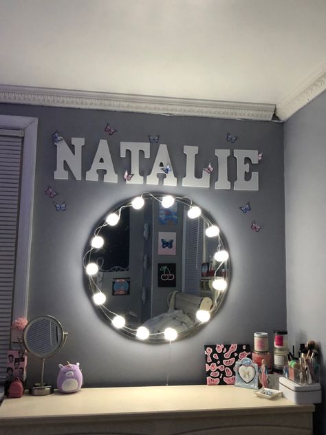 Circle Mirror With Lights, Circle Mirror Vanity, Circle Vanity Mirror, Mirror With Light Bulbs, Vanity Goals, Bulb Mirror, Light Up Mirror, Mirror For Makeup, Goal Ideas