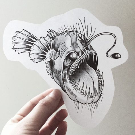 Angler Fish Drawing, Angler Fish Tattoo, Fish Tattoo Design, Alchemy Tattoo, Fish Sketch, Petit Tattoo, Sea Tattoo, Ocean Tattoos, Theme Tattoo