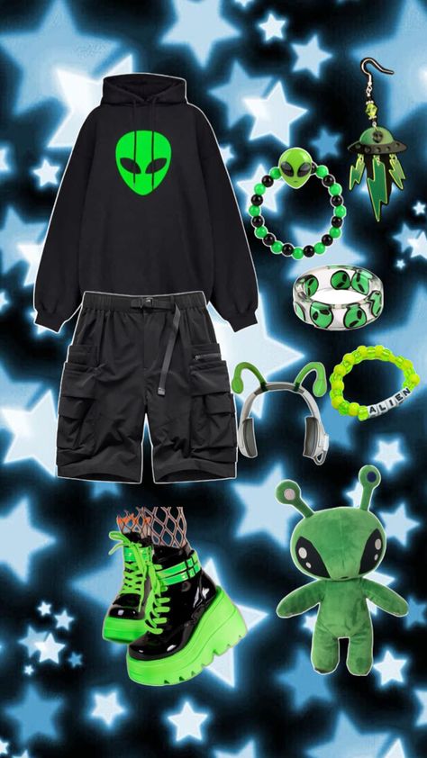 Aliencore Aesthetic, Alien Outfit, Alien Clothes, Alien Aesthetic, Outfit Collage, Aesthetic Clothes, Personal Style, Character Design, Outfit Inspo