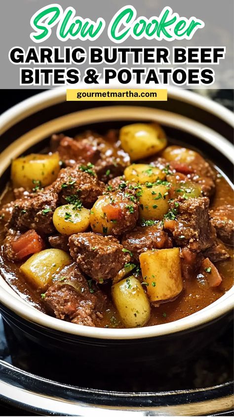 This slow cooker garlic butter beef bites & potatoes dish is bursting with rich, savory flavors. Juicy, tender beef paired with buttery, garlicky potatoes makes it the perfect one-pot meal for any day of the week. Easy to prepare and impossible to resist! Don’t miss out on this delicious recipe #slowcookerrecipes #garlicbutter #beefrecipes #potatorecipes #onepotmeals #comfortfood #easymeals #weeknightdinner Croc Pot Steak Bites, Garlic Butter Beef And Potatoes, Hearty Dinner Recipes Crock Pot, Slow Cooker Balsamic Garlic Beef Bites, Buttered Beef Crock Pot, Slow Cooker Garlic Butter Ribeye, Crockpot Buttery Beef And Potatoes, Beef Cubes Slow Cooker, Garlic Pot Roast Slow Cooker