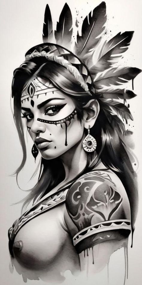 Woman Warrior Tattoo Design, Aztec Woman Warrior, Woman Warrior Tattoo, Female Artworks, Warrior Tattoo Design, Aztec Warrior Tattoo, Female Warrior Tattoo, Native American Drawing, Mujeres Tattoo