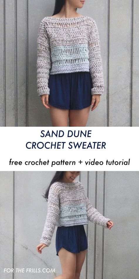 Beachy Crop Crochet Sweater – Chunky and oh so soft this chunky crochet sweater uses drop crochet stitches to create a cosy summer sweater. Free pattern + crochet video tutorial – forthefrills #crochet #crochetcropsweater #freecrochetpattern #cropsweater #springsweater #crochetdiy #crochetpatterns #crochetsweater #easycrochet #videotutorial #diy #crochettutorial #crochetpattern #crafts #howto #forthefrills Crochet Sweater Chunky, Crop Crochet Sweater, Chunky Crochet Sweater, Cosy Summer, Sweater Free Pattern, Crochet Sweater Free, Crochet Sweater Pattern, Free Pattern Crochet, Crochet Jumper