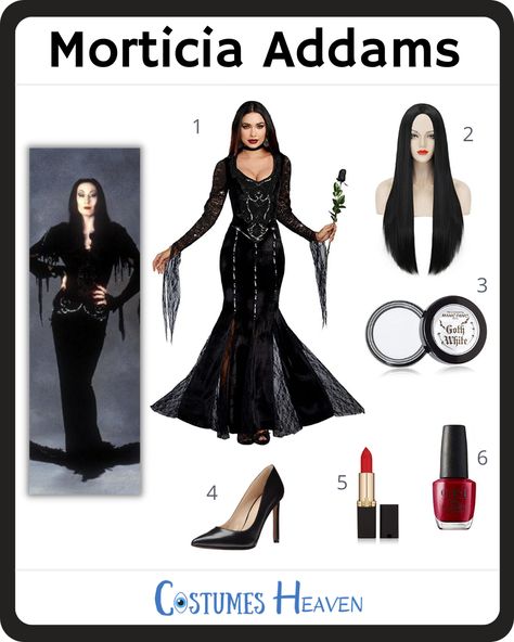 The Morticia Addams costume has become a favorite choice for many who like gothic aesthetics. Keep the Addams Family theme going at Halloween or your next cosplay event. #morticiaaddamscostume#morticiaaddams#costumesheaven#costumeguide#cosplayguide#costume#cosplay Morticia Addams Outfit Ideas, Morticia And Gomez Addams Costume Diy, Morticia Addams Aesthetic Outfit, Morticia Addams Costume Diy, Diy Morticia Addams Costume, Morticia Addams Outfit, Morticia Aesthetic, Morticia Addams Aesthetic, Morticia Addams Cosplay