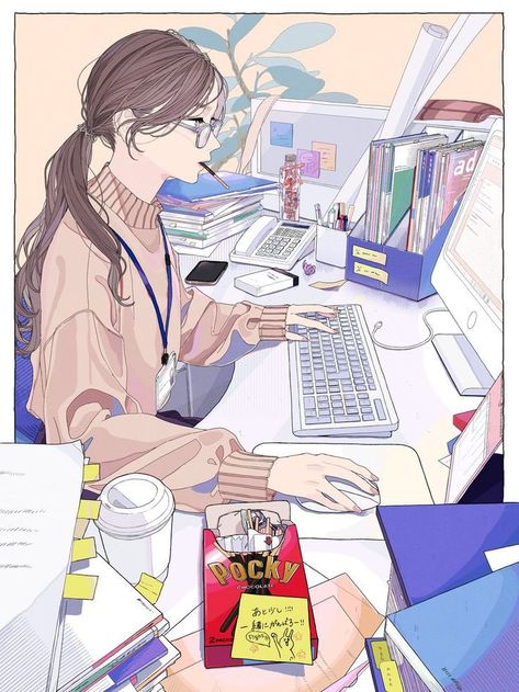 Anime Working Aesthetic, Productive Illustration, Animator Aesthetic, Anime Study Aesthetic, Studying Girl, Book Cover Artwork, Japon Illustration, Illustration Art Girl, 캐릭터 드로잉