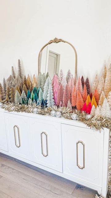 Rainbow Bottle Brush Trees, Colorful Bottle Brush Trees, Christmas Bottle Brush Trees, Brush Bottle Trees Christmas Decor, Decorating With Bottle Brush Christmas Trees, Bottle Brush Christmas Tree Decor, Bottle Brush Christmas Trees Decor, Bottlebrush Tree Mantle, Bottle Brush Tree Collection