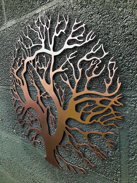 Tree Sculpture Outdoor, Outdoor Wall Art Ideas, Outdoor Wall Sculpture, Tree Design On Wall, Outside Wall Art, Tree Of Life Artwork, Wall Metal Art, Tree Of Life Wall Art, Porch Wall Decor