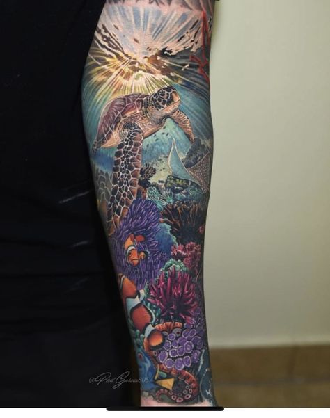 Under The Sea Arm Sleeve Tattoo, Ocean Themed Sleeve Tattoo Women, Turtle Sleeve Tattoo, Ocean Sleeve Tattoo Women, Seascape Tattoo, Underwater Tattoo Sleeve, Ocean Leg Sleeve Tattoo, Ocean Themed Tattoos For Women, Ocean Tattoos Sleeve For Women