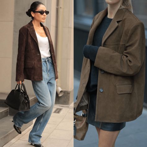 Chocolate Suede Jacket Outfit, Between Seasons Outfit, Suede Jacket Street Style, Dark Brown Suede Jacket Outfit, Suede Jacket Outfit 2024, Suede Blazer Outfit Women, Suede Blazer Outfit, Brown Suede Jacket Outfit, Shirt Jacket Outfit