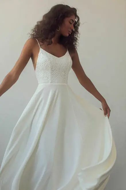 Scout | LVD Bridal - Faye | LVD Bridal Scout Wedding, Sustainable Wedding Dress, Crepe Skirt, Crepe Skirts, The Modern Bride, Sunset Wedding, Boho Style Dresses, Colored Wedding Dresses, A Line Gown