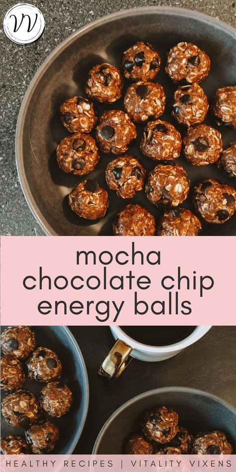 Try out these easy no bake mocha chocolate chip energy bites if you want a healthy & delicious snack! They're jam packed with peanut butter, chocolate, espresso, and lots of nutritious ingredients to boost your energy and keep you feeling great, anytime of day. #recipes #healthyfood Mocha Energy Balls, Coffee Energy Bites, Espresso Energy Balls, Chocolate Chip Energy Balls, Chocolate Chip Energy Bites, Energy Balls Healthy, Energy Bars Recipe, Preworkout Snack, Energy Ball Recipe