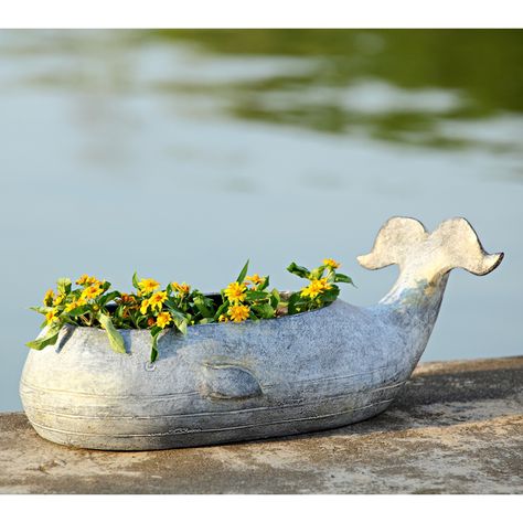 <p> This stylish Whale Planter Set of 2 is made of aluminum and is the perfect outdoor patio, pool side or entryway accent for your coastal beach home.<br /> <br /> Select bright colored flowering plants to fill this unique pair of whale planters for that Whale Planter, Flower Pot Design, Patio Planters, Flower Pot Garden, Coastal Gardens, Pot Designs, Flower Planters, Garden Spaces, Beach Cottages