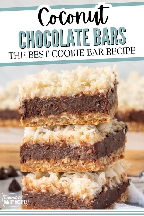 These delicious Coconut Chocolate Bars with a tropical twist have a coconut fudge flavor that can’t be beaten! A soft oatmeal cookie crust with chocolate fudge and gooey coconut topping make these an instant favorite. These chocolate coconut bars are ideal for any occasion you want to serve something special. Recipes Using Coconut Flakes, Gourmet Bars Recipes, Coconut And Chocolate Desserts, Coconut Butter Bars, Chocolate Coconut Desserts Easy, Chocolate Coconut Desserts, Oatmeal Coconut Bars, Chocolate Coconut Bars Recipe, Dessert Bars Recipes