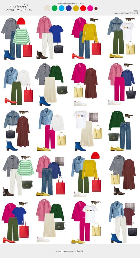 Colorful Work Capsule Wardrobe, Summer Work Travel Capsule, Monochromatic Outfit With Pop Of Color, Bold Color Combinations Outfit, Colorful Travel Capsule Wardrobe, Spring Capsule Wardrobe 2024 Colorful, Cool Color Capsule Wardrobe, Bright Spring Fall Wardrobe, Colour Capsule Wardrobe