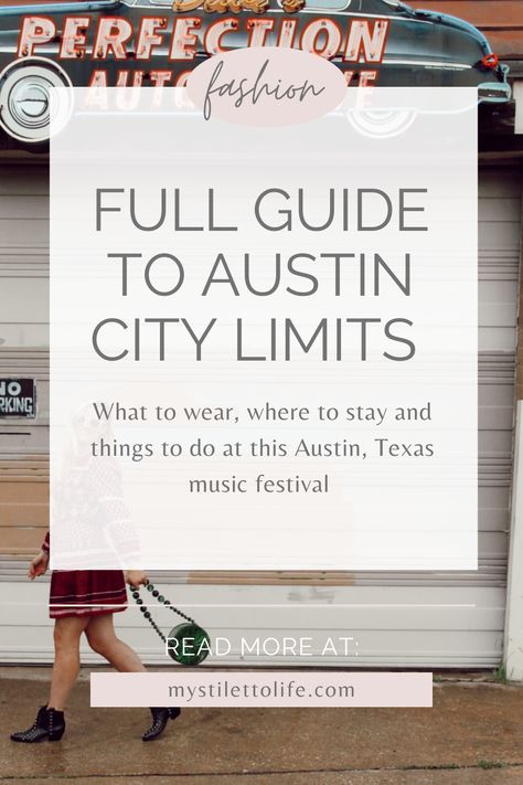 Looking for a complete guide to Austin City Limits including what to wear, where to stay and what to eat? My Stiletto Life rounds up chic music festival outfit ideas, the lineup for the festival and more. Follow for more casual chic outfits, travel guides and hotel recommendations. Texas Festival Outfit, Austin Music Festival Outfit, What To Wear To Music Festival, Acl Outfit Ideas, Austin Style Fashion, Austin City Limits Festival Outfits, Austin Texas Outfits Summer, Austin Tx Outfits, Acl Outfits Festivals