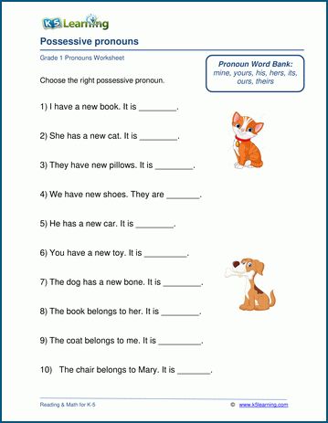 Possessive pronouns worksheets | K5 Learning Posessive Pronouns, Pronoun Words, Pronoun Grammar, Adjectives Exercises, Prefix Worksheet, Worksheets For Grade 1, Esl Ideas, Possessive Nouns, Relative Pronouns