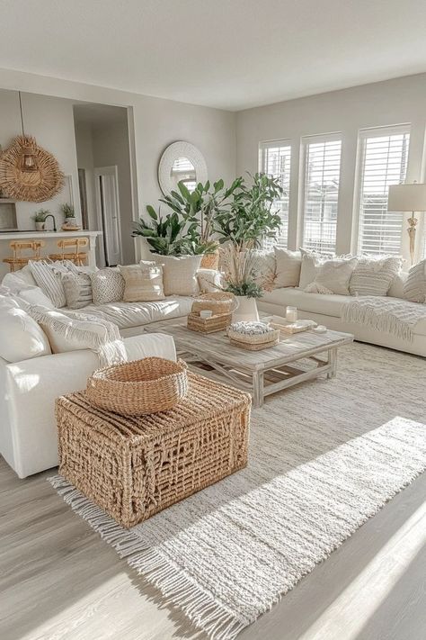 Home Decor Ideas Open Concept, Modern Cozy Living Room Apartment, White Interior Homes Inspiration, Big Boho Living Room, Tulum Living Room Decor, Costal Grandma Aesthetic Living Room, Cozy Modern Home Aesthetic, Modern Beach House Interior Design Living Room, Coastal Living Room With Black Accents