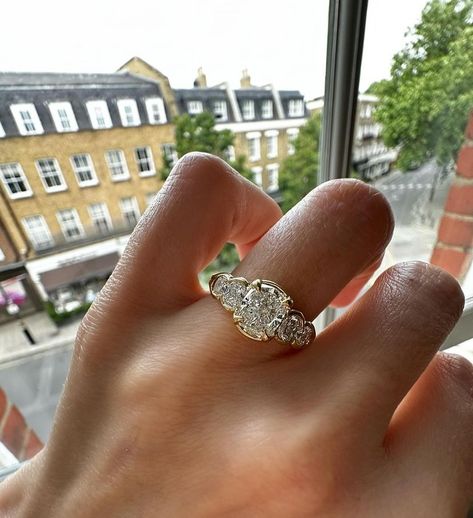 Elongated cushion cut five stone engagement ring By @jessiethomasjewellery 😃✨ Elongated Cushion Engagement Ring With Halo, Vintage Elongated Cushion Engagement Ring, Elongated Cushion Engagement Ring Thick Gold Band, 2024 Engagement Rings, 5 Stone Engagement Ring, Five Stone Engagement Ring, Elongated Cushion Cut Engagement Ring, Trilogy Engagement Ring, Elongated Cushion Cut