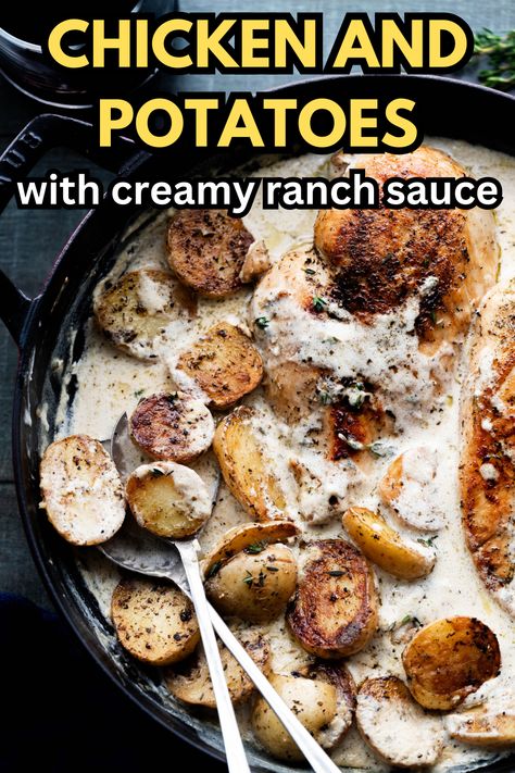 This Ranch Chicken and Potatoes is easy and quick! It's such a fantastic weeknight meal that'll be a hit with the whole family (even kids!).  This dish is a very cozy fall recipe. Chicken And Potatoes Dutch Oven, Chicken Dutch Oven Recipes Healthy, Dutch Oven Chicken And Potatoes, Chicken Thigh And Potato Recipe, Oven Chicken Dinner, Recipes With Chicken And Potatoes, Chicken With Red Potatoes, Oven Chicken And Potatoes, Ranch Chicken And Potatoes