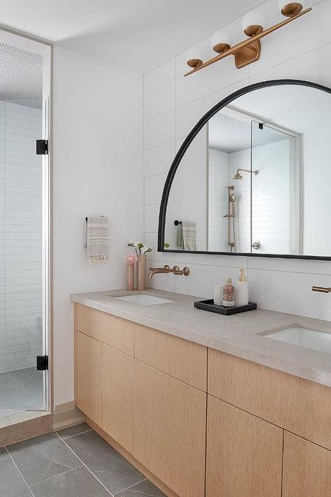 Black Herringbone Floor, Beige Dressers, Black Vanity Table, Black Arch Mirror, Marble Vessel Sink, Green Painted Walls, Black Arch, Black Sconces, Light And Dwell