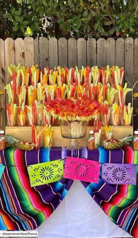 mexican fruit cups for party on the food table. Mexican 80th Birthday Party, Fruit Cups For Party Mexican, Mexican Inspired Party, Mexican Fruit Table Ideas, Fruit Cups For Party, Fruit Table Ideas, Mexican Fruit Cups, Mexican Dessert Table, Mexican Centerpiece