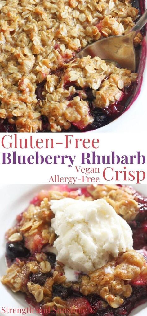 Gluten-Free Blueberry Rhubarb Crisp (Vegan, Allergy-Free) | Strength and Sunshine | This delicious Gluten-Free Blueberry Rhubarb Crisp is so easy to make! A healthy seasonal dessert that's vegan, allergy-free, and perfect to serve warm with a scoop of your favorite dairy-free ice cream! Juicy blueberries paired with crisp and tart rhubarb baked to sweet perfection and topped with a buttery cinnamon oat crumble! Dairy Free Rhubarb Recipes, Rhubarb Blueberry Recipes, Gluten Free Rhubarb Recipes, Gluten Free Blueberry Recipes, Gluten Free Rhubarb Crisp, Blueberry Rhubarb Crisp, Healthy Rhubarb Recipes, Healthy Blueberry Recipes, Rhubarb Recipes Crisp