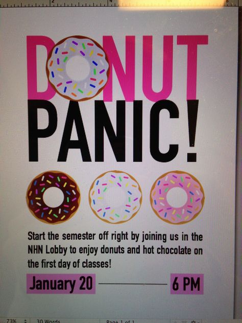 Donut Panic Program! Super successful on the first day of class! #RA College Ra Programs Activities, Campus Activities Board Events, College Club Recruitment Ideas, Ra Activities Programs, Ra Social Program Ideas, Ra Programming Ideas, Hall Events For Ra, Ra Floor Programs, College Program Ideas