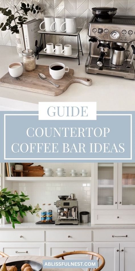 Looking for inspiration for your kitchen countertop? Countertop coffee bar ideas are a great way to add a touch of warmth and personality to your space. Whether you prefer a minimalist design or a more eclectic look, these ideas will inspire you to create your perfect coffee corner. #diycoffee #homebar #coffeeaesthetic Small Kitchen Counter Coffee Station, Coffee Island Ideas, Coffee Nook Kitchen Counter, Diy Coffee Station Countertops, Coffee Corner Minimalist, Coffee And Breakfast Bar, Coffee Station Styling Ideas, Coffee Corner Countertop, Coffee Area On Counter Kitchen