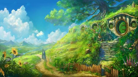 1920x1080 Lord of the rings - Wallpaper Lord of the rings - Wallpaper The ... Landscape Wallpapers, Anime Landscape, Studio Ghibli Background, 2560x1440 Wallpaper, Into The West, Tolkien Art, Bilbo Baggins, Hobbit House, The Shire