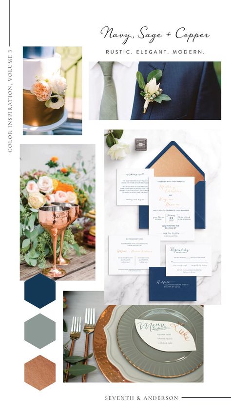 Navy, Sage Green and Copper Wedding Palette Inspiration Copper Wedding Color Schemes, Green And Copper Wedding, Copper Wedding Colors, Navy Wedding Colors, Green And Copper, Rusting Wedding, Wedding Color Palettes, Navy And Copper, Fall Wedding Color Palette