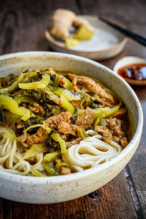 Pickled Mustard Greens Soup, Chinese Pickled Mustard Greens, Pickled Mustard Greens Recipe, Chinese Mustard Greens Recipe, Chinese Noodle Soup, Pork Noodle Soup, Snack Platters, Pickled Mustard Greens, Pork Noodles